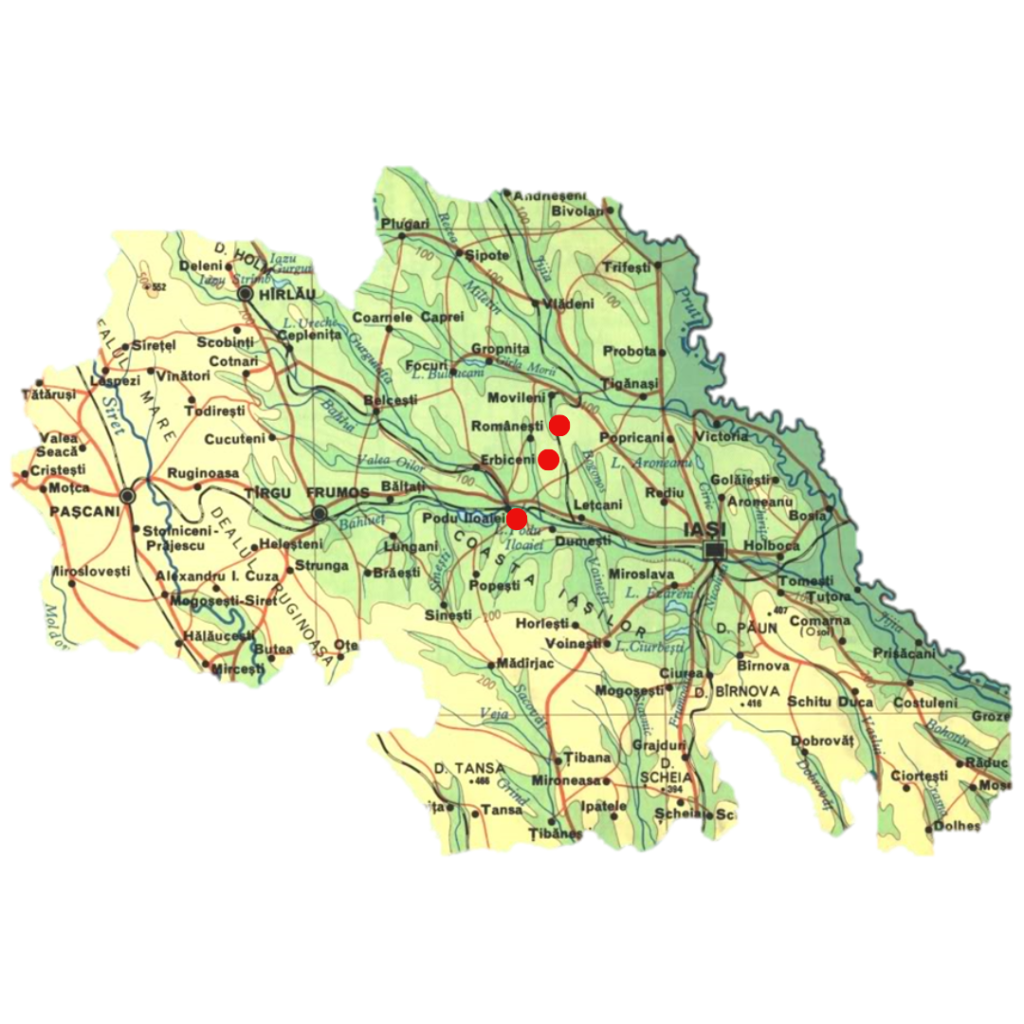 Harta judetului Iași cu localitățile unde ne desfășurăm activitatea - Podu Iloaiei, Erbiceni, Românești